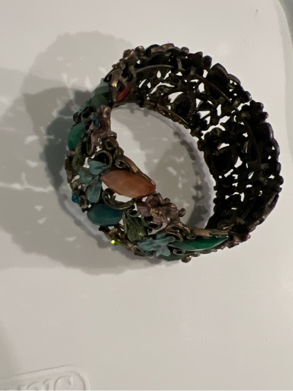 Vintage Multicolor Floral Filigree Bracelet - Green & Coral Accents